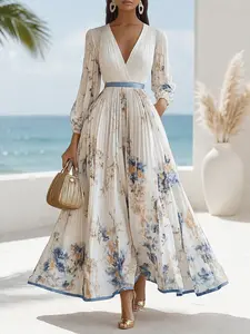 Women’s Floral Pleated Maxi Dress – Elegant V Neck Long Sleeve Wedding Guest Dress, Flowy Spring Formal Outfit
