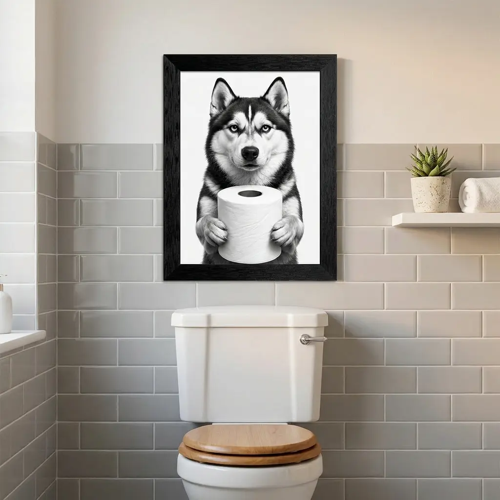 Funny Siberian Husky Holding Toilet Paper Canvas Wall Art Print, Modern Photo for Farmhouse Bathroom Decor, Office Home Supplies, Dog Lover Gift for Father's Day