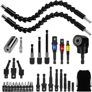 Flexible Drill Bit Extension Set, Including Right Angle Drill Attachmen, Rotatable Joint Socket 1/4 3/8 1/2 In Hex Socket Adapter, Bendable Drill Bit Extension and Drill Bit Holder  Kit