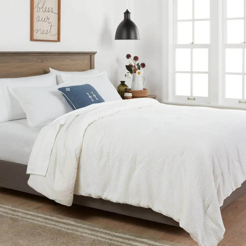 Twin/Twin Extra Long Washed Waffle Weave Comforter and Sham Set White - Threshold: OEKO-TEX Certified 152 Thread Count