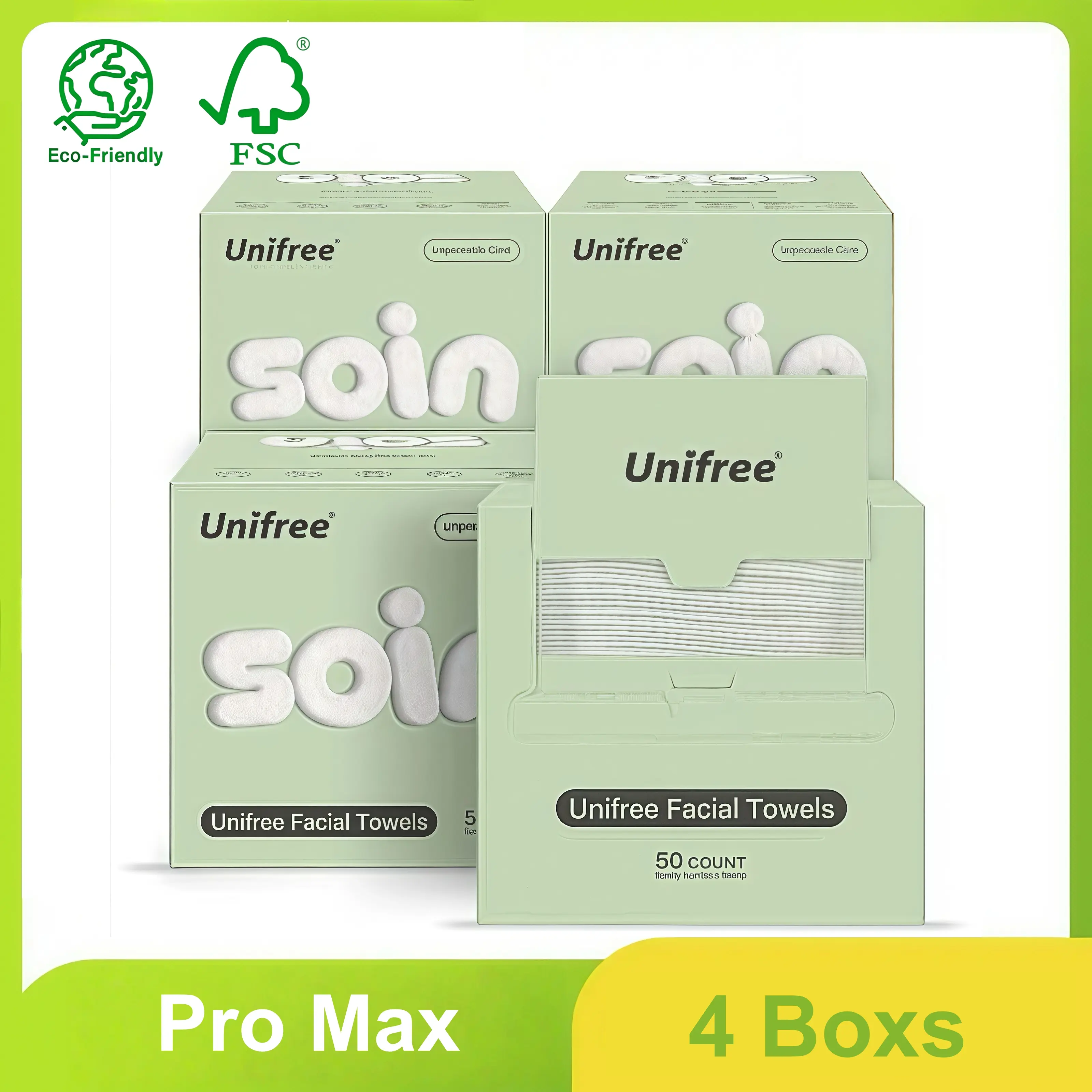 Unifree Facial Towels Pro Max Clean Facialtissues in Box, Large Size 11.8 x 9.8 Inch, 50 Count Per Box, 4-boxes Value Pack, 200 Ct, face towels, disposable face towel dry wipe soft comfortable Absorbent Gentle Makeup Remover