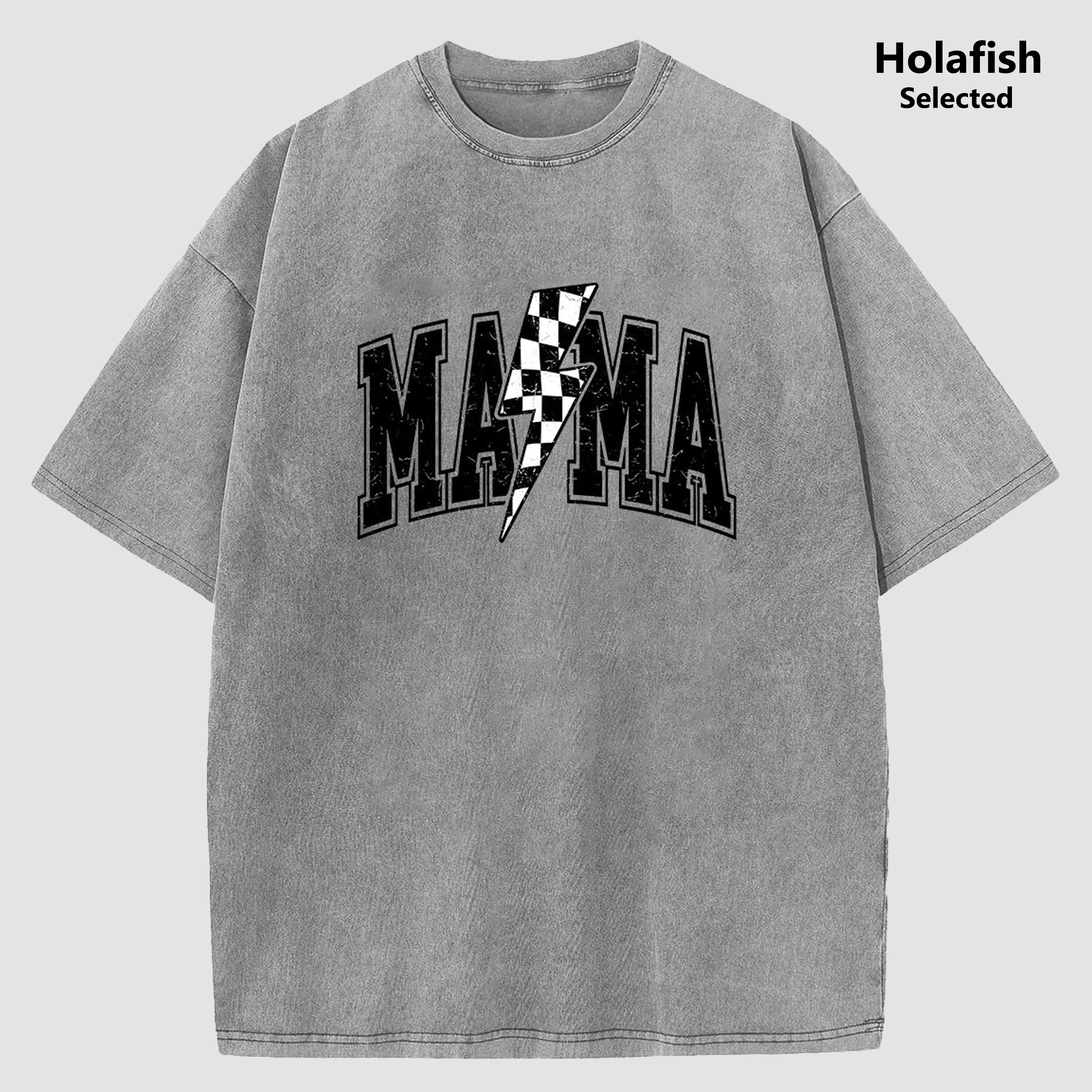 Holafish Women's Acid Wash Relaxed Tee, Bold Lightning MAMA Print on Soft Cotton, Short Sleeve Casual Summer Top Chic Mother's Day Gift with summervibes