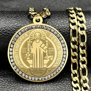Hip Hop Crystals Saint Benedict Medallion Pendant Necklace Men 304 Stainless Steel Golden Color Necklaces Jewelry San Benito Collares