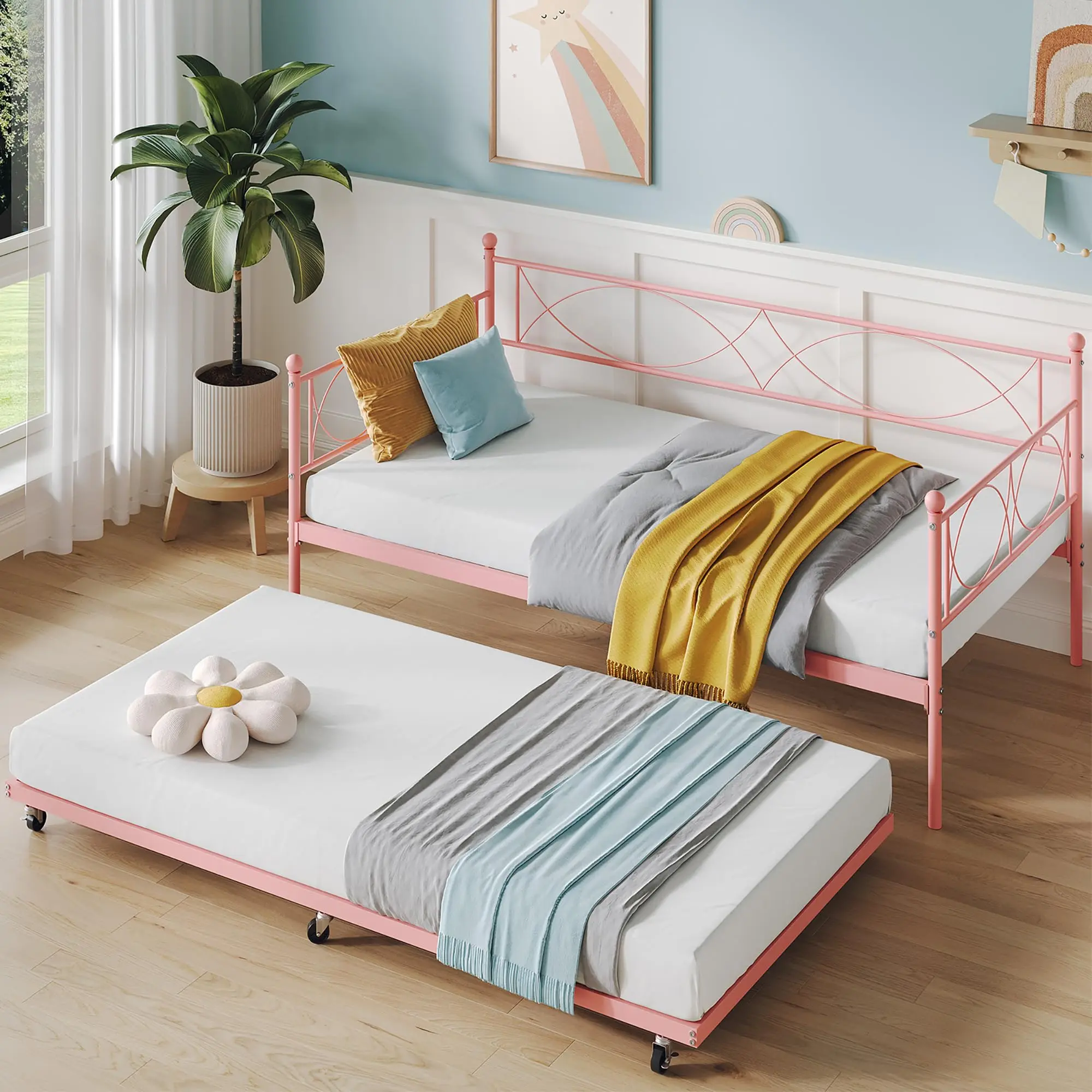 Garvee Twin Daybed with Pull-Out Trundle - Versatile 2-in-1 Metal Frame Bed Ideal for Bedroom, Living Room, or Guest Room, Featuring Durable Metal Slats for Strong Support and Longevity