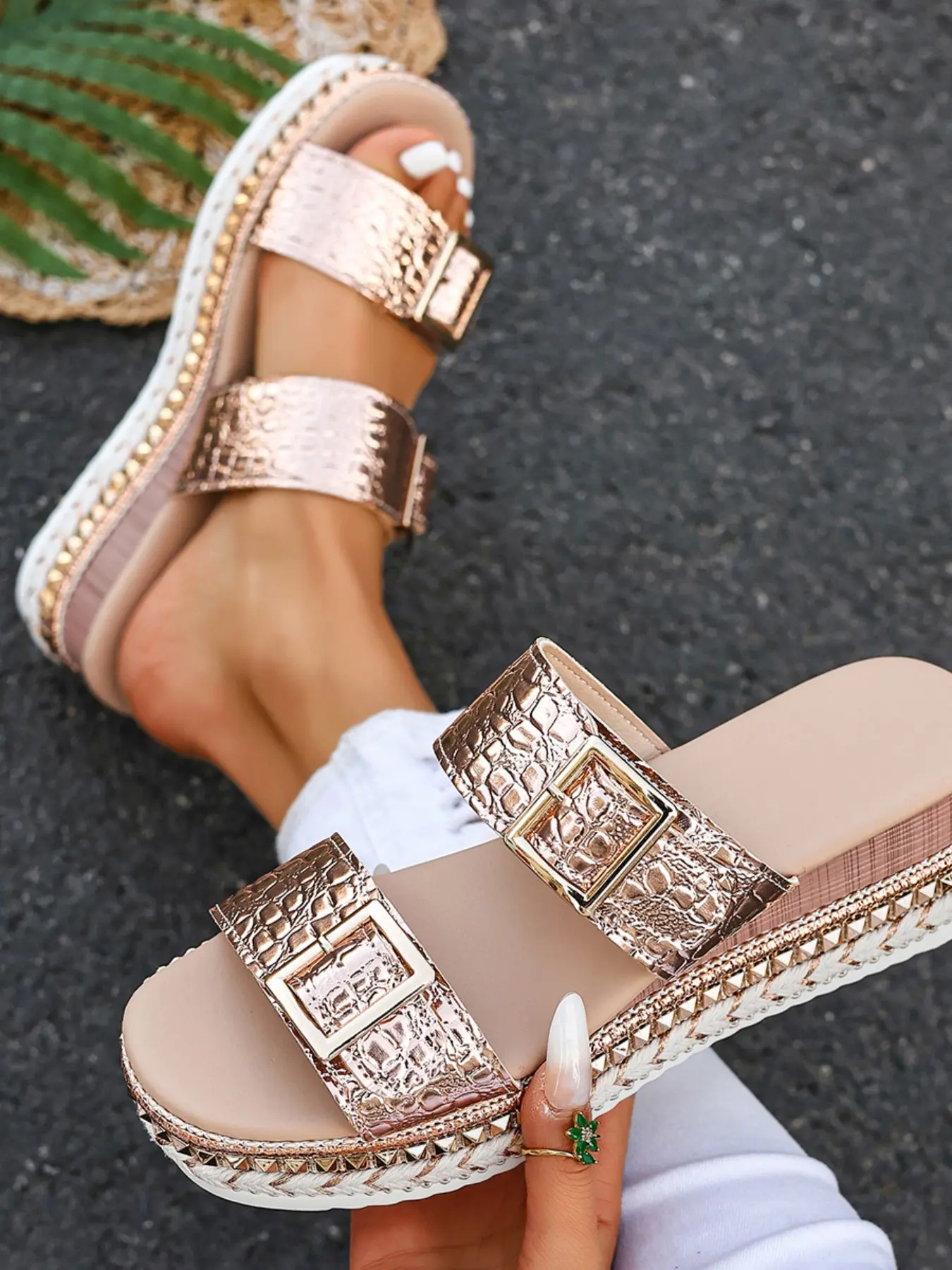 Summer Dressy Platform Sandals, Fabric Knot Beach Wedge Thick Sole Roman Sandals With Rivets, Bohemian Open Toe Ankle Strap Breathable Comfortable Casual Elegant Flat Sandals, Boho Style Sandal, Comfy Sandals