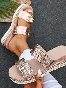 Summer Dressy Platform Sandals, Fabric Knot Beach Wedge Thick Sole Roman Sandals With Rivets, Bohemian Open Toe Ankle Strap Breathable Comfortable Casual Elegant Flat Sandals, Boho Style Sandal