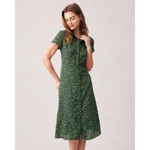 The Green Lapel Button Up Floral Midi Dress