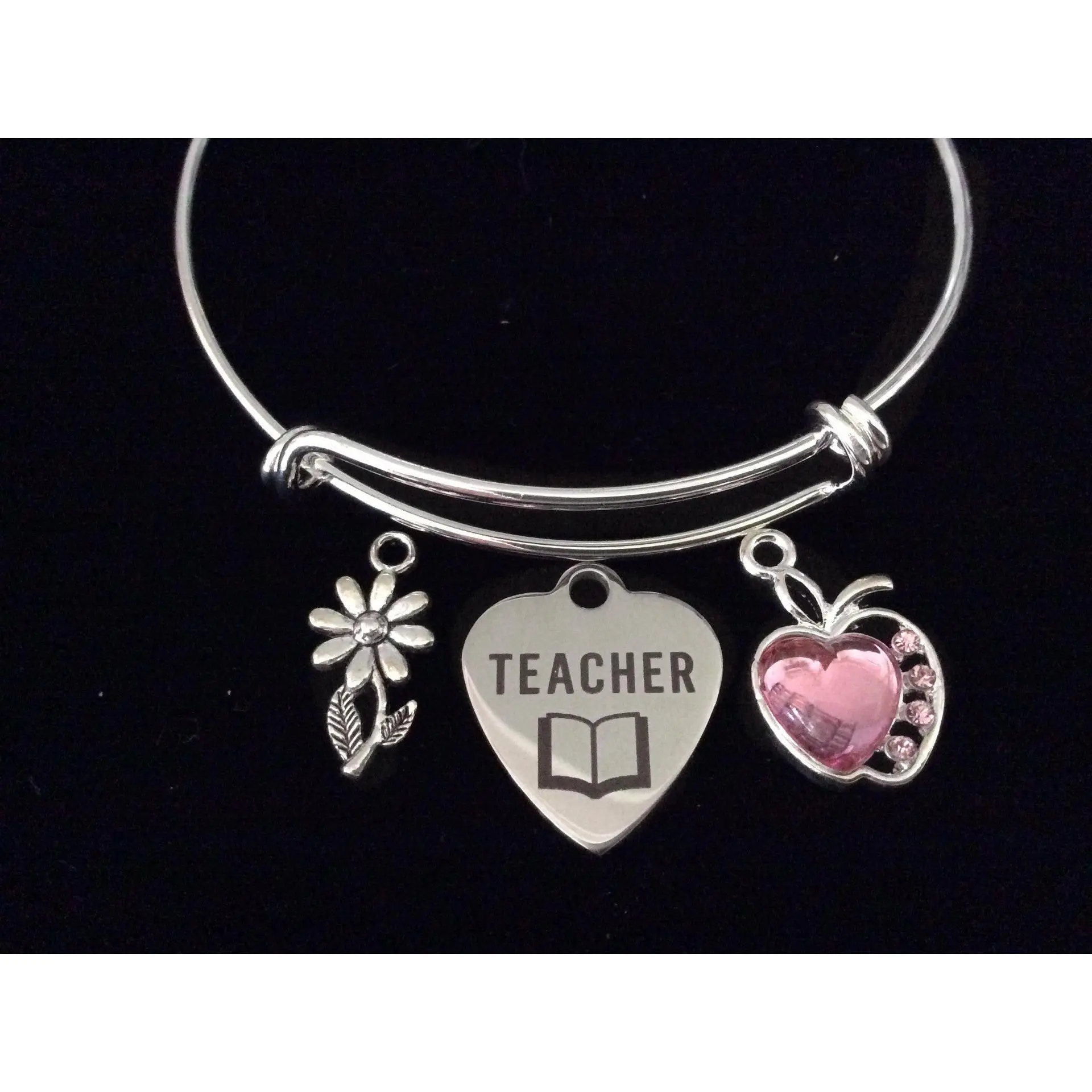 Teacher Pink Apple Daisy Expandable Charm Bracelet Silver Adjustable Wire Bangle Teacher Appreciation Gift Stacking Handmade Trendy School