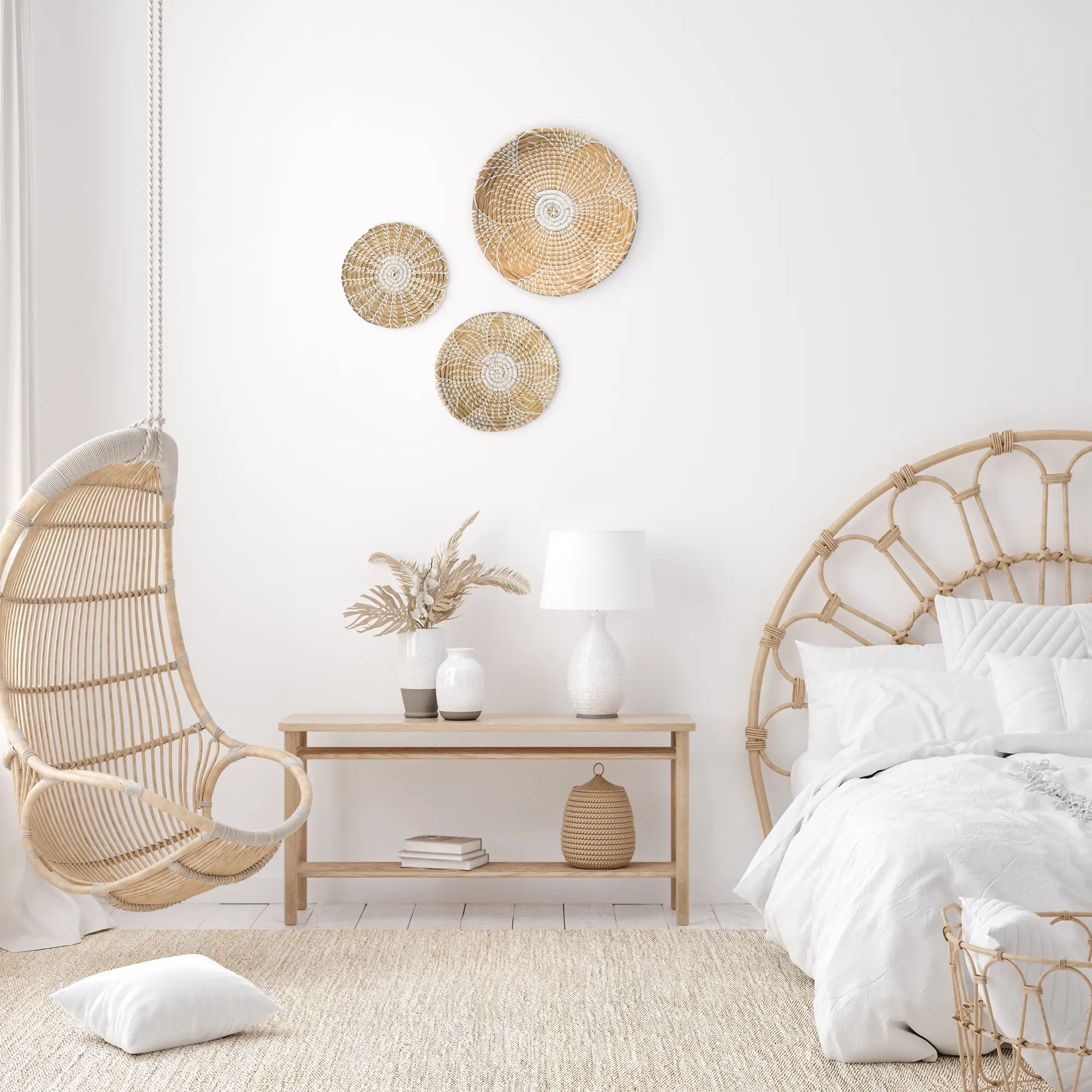 Set 3 of Daisy Wall Hanging Woven Basket, Boho Wall Basket Decor, Bohemian Style Basket Decor, Rustic Handmade Round Wall Basket for African Design, Farmhouse Decor