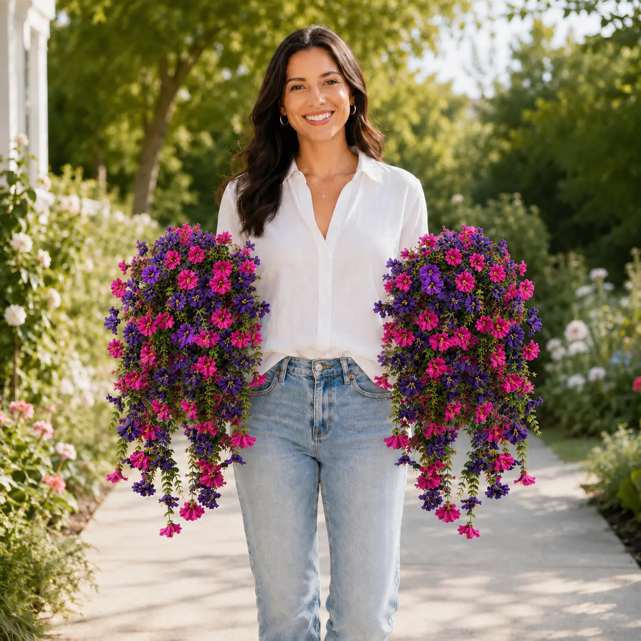 Vibrant UV-Resistant Faux Silk Artificial Hanging Flowers with Eucalyptus Leaf Trailing Vines, 2/4/8 Pcs, 3 Styles (Purple, Orange-Yellow, Orange-Green) for Fall/Summer Outdoor Hanging Decor (Porch, Patio)