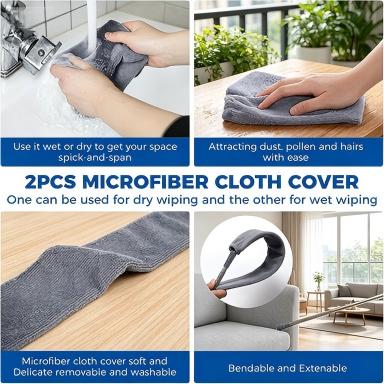 Retractable gap dust cleaner with 2 microfiber cleaning cloths. 60-inch long handle, washable and extendable duster brush, ideal for cleaning under appliances, furniture, sofas and refrigerators.