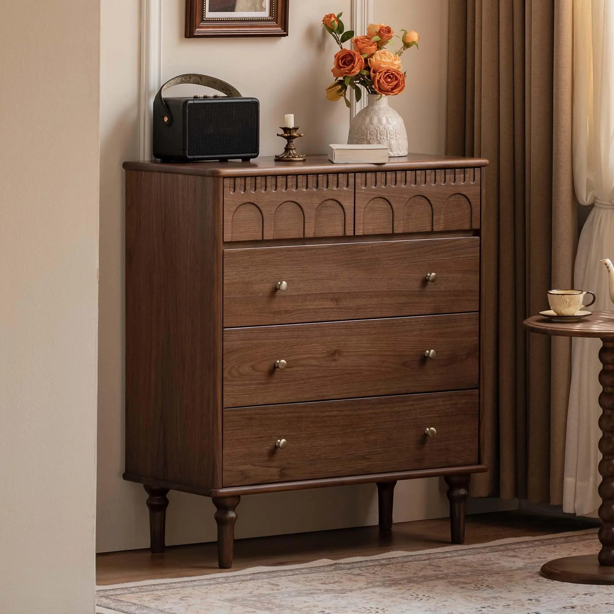 YESWOOD 100% Solid Wood Nightstand, 5 Drawer Walnut Side Table, Wooden Storage Organizer, French Vintage Nightstand for Bedroom, Living Room, Hallway, Closet (Walnut, 32.8" W x 15.7" D x 37.5" H)