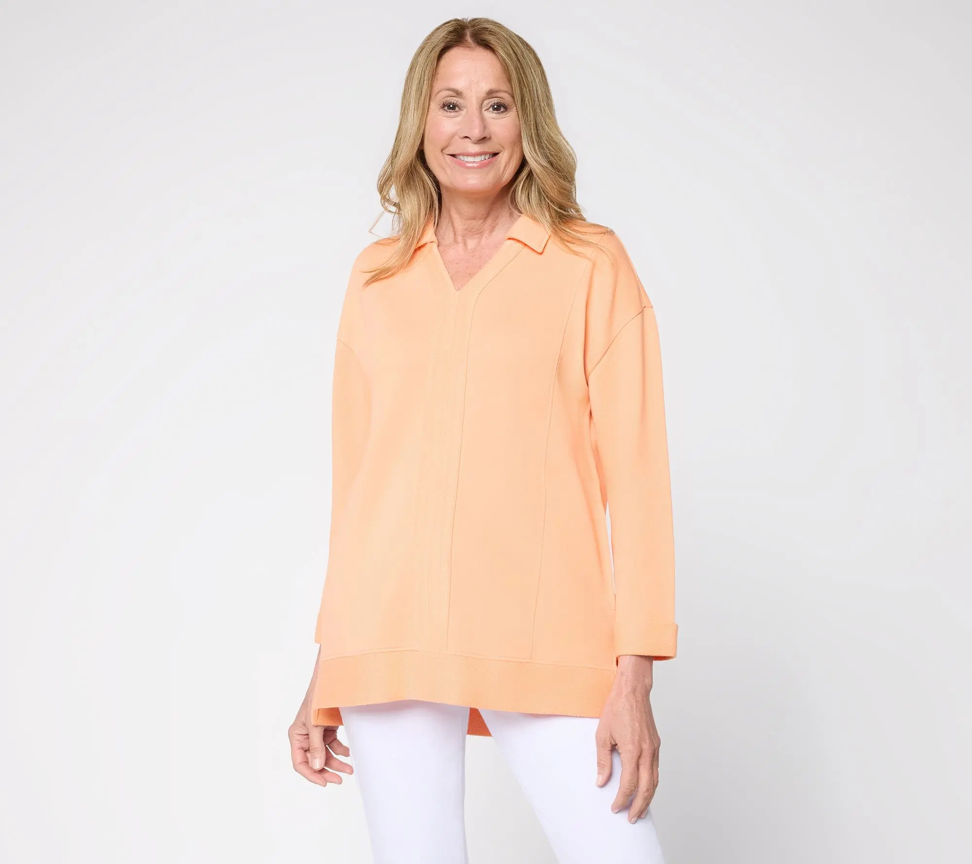 Denim & Co. Beach Petite Tideline Terry Split Neck Tunic
