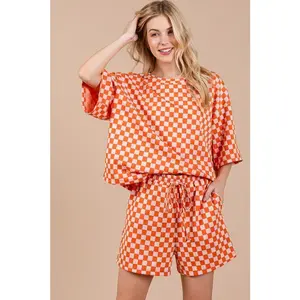 Ces Femme Checkered Round Neck Top and Shorts Set