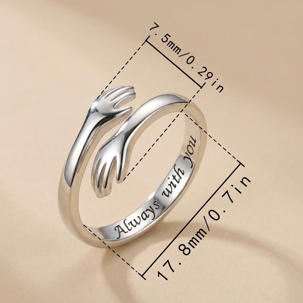 Hug Hands Adjustable Ring S925 Sterling Silver Open Ring “Always With You” Engraved Couple Gift for Women