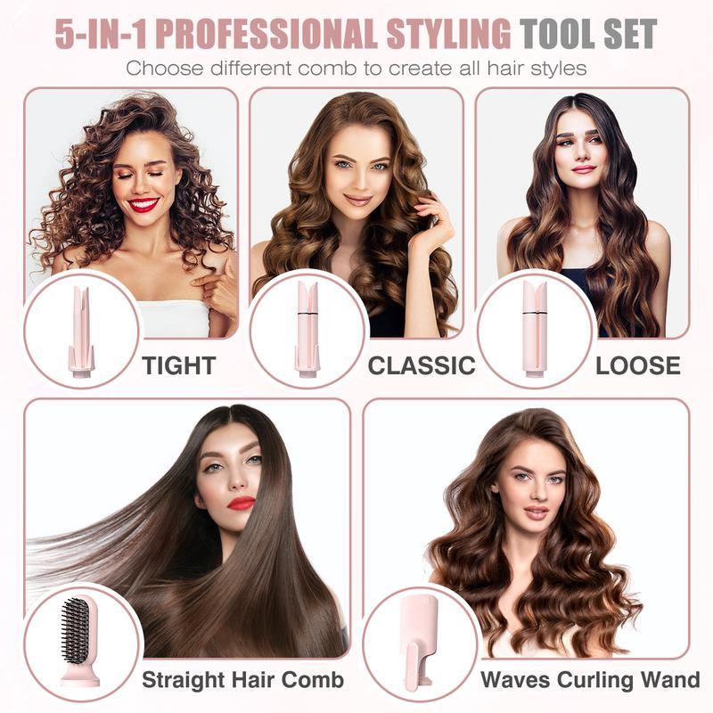 Spitcale 5-in-1 Interchangeable Curling Iron Set 5 Styling Tools 28mm 32mm 40mm Roll Hair Straightener Brush Volumizing Comb & Curling Iron 3 Temp Timer Negative Ions Pink Attachment