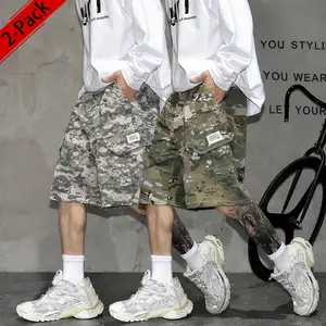 Pack of 2 men’s summer shorts: camouflage cargo shorts with tactical multi pockets and a casual street style, knee-length—ideal for everyday wear and dates. Features an elastic waistband and button/zipper closure; very comfortable shorts.