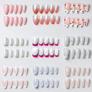 Mystery Box Acylic Handmade Press On Nails Kit Middle Almond Coffin Beige And White Elegant Minimalist Old Money Japanese Style Modern Korea Style Fresh Design Chic French Style Neutral Classical Cat Eye Christmasdecor