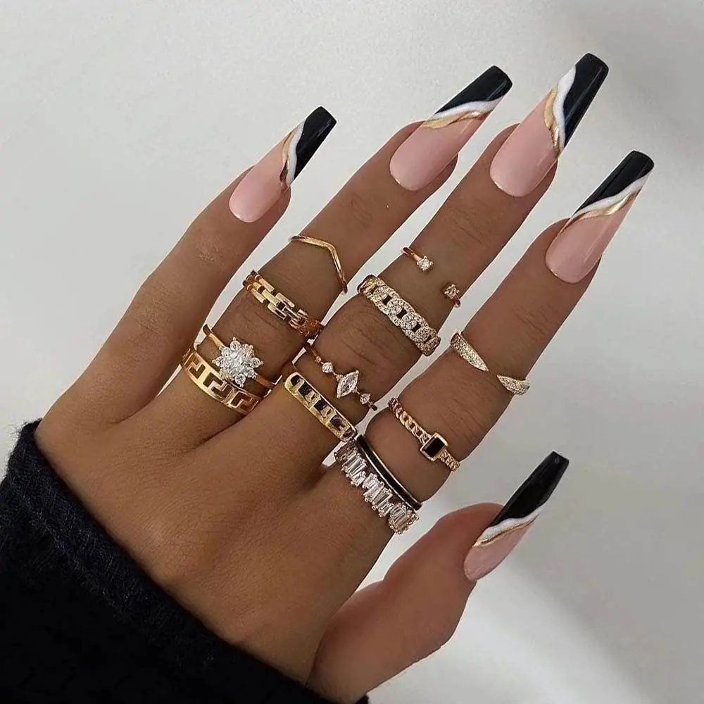 Black Press On Nails Coffin Long Fake Nails Acrylic Luxury False Nails for Women and Girls 24 PCS