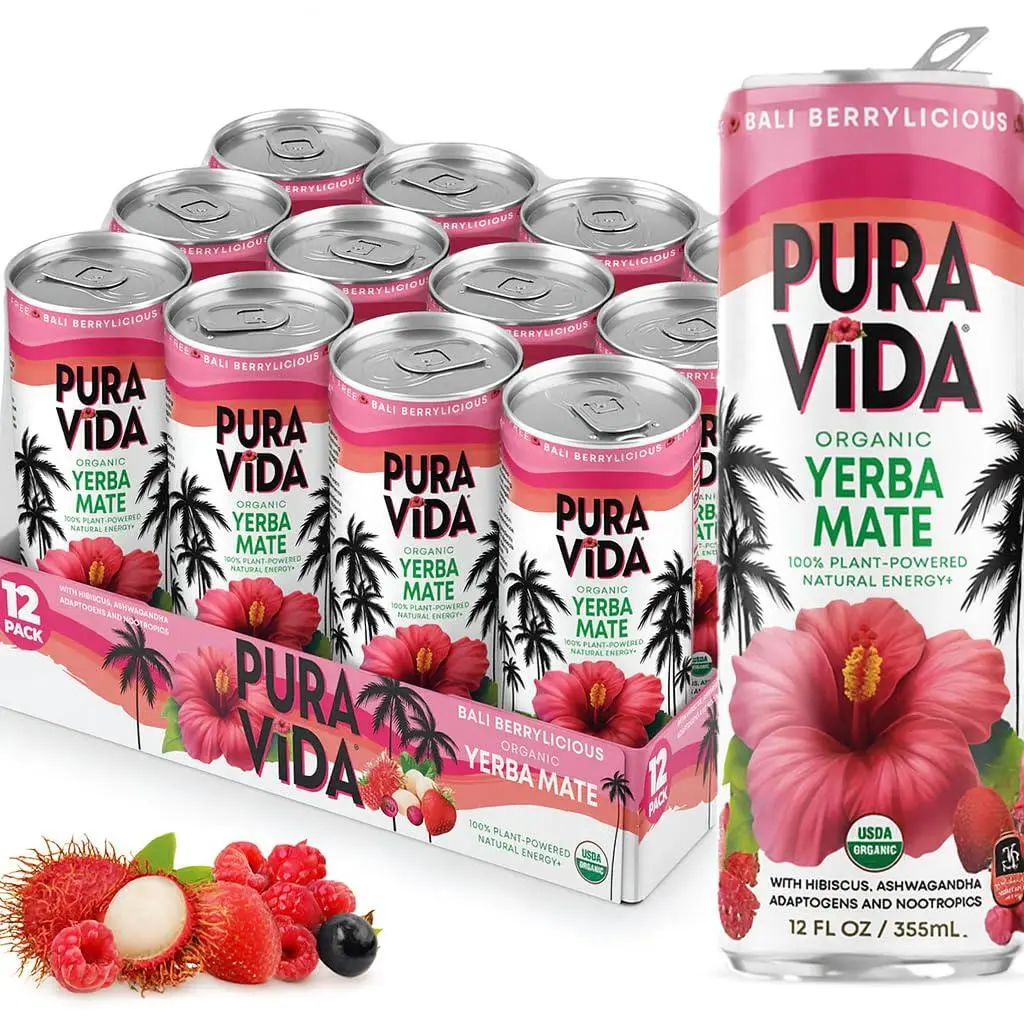 Pura Vida Yerba Mate Bali Berrylicious Drink - Pack of 12 | Organic Natural Caffeine Energy Drink - Wild Berry Flavored Beverage - Adaptogens & Nootropics for Mental Clarity, Cognitive Function & Immune Support - For Game Day, Pre Workout & Daily Energy
