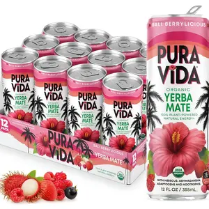 Pura Vida Yerba Mate Bali Berrylicious Drink – Organic Energy Beverage with Hibiscus, Ashwagandha & Adaptogens – Low Calorie Plant-Based Energy Drink