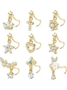 9 Pcs Golden Mixed S-shaped Nose Ring Collection for Women Men Durable 316 Stainless Steel Copper Dangle Style Nose Studs Brilliant Zirconia Exquisite Details Cross Crown Floral Heart Shapes with Stunning Shimmering Effect