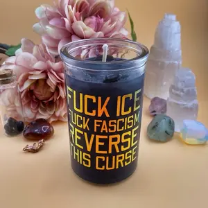 Dressed Soy Wax Spell Candle Fnck Ice Fnck Fascism Reverse This Curse infused with Clove Oil and topped with Obsidian Crystals and Black Lava Salt