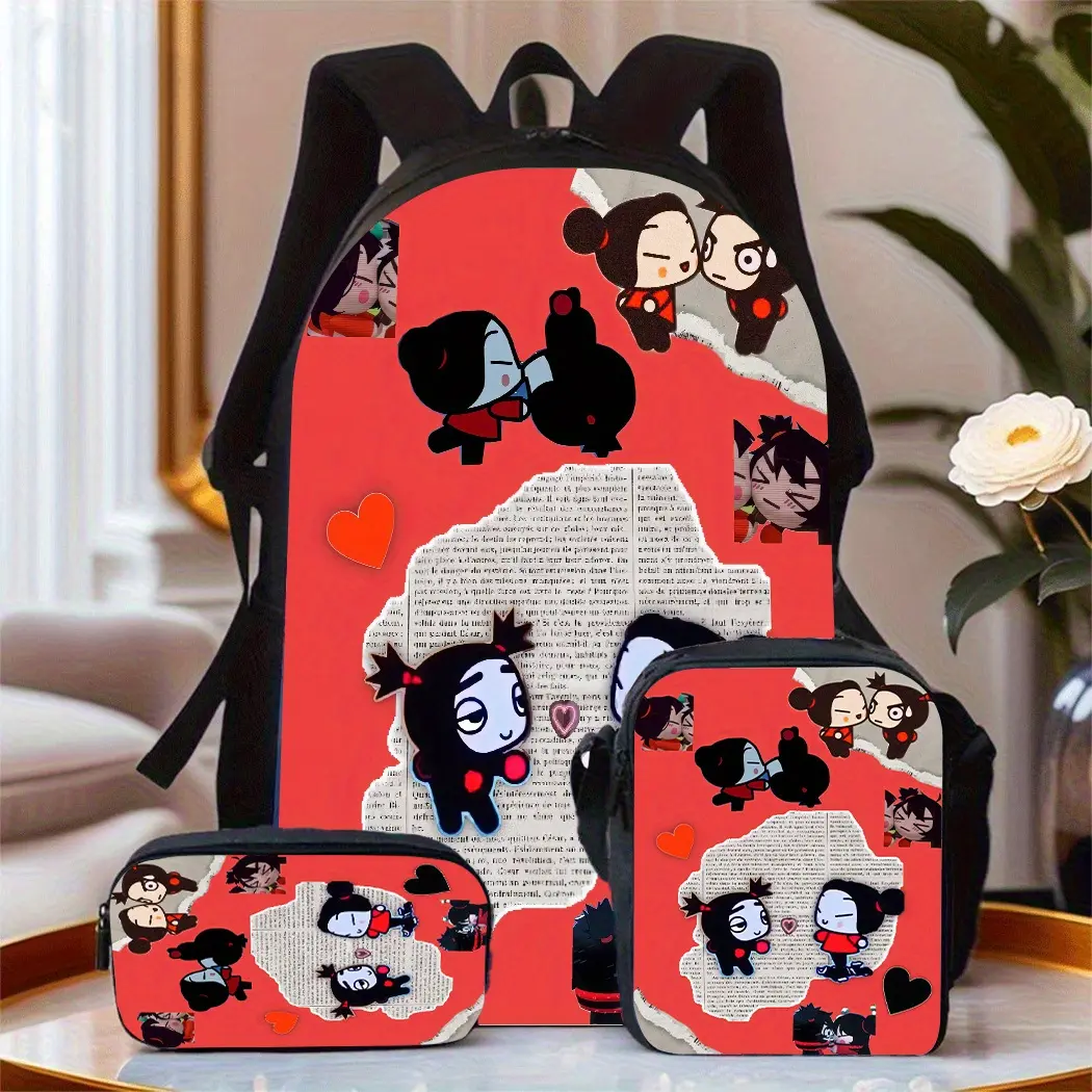 Kids' 3-Piece Backpack Set, Cute Pucca & Garu Cartoon Print 600D Oxford School Bag with Top Handle, Insulated Lunch Box & Adjustable Shoulder Straps for Back to School, Back To School Haul, School Lunches