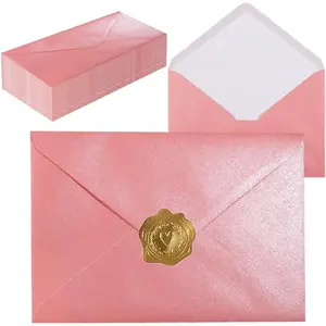 A7 Self-Sealing Pink Envelopes 50 Pcs - 5x7 Inches (5.31×7.67in) Premium 120g Pearl Glitter Paper - Printable & Writable for Wedding Invitations, Greeting Cards - Includes Gold Stickers