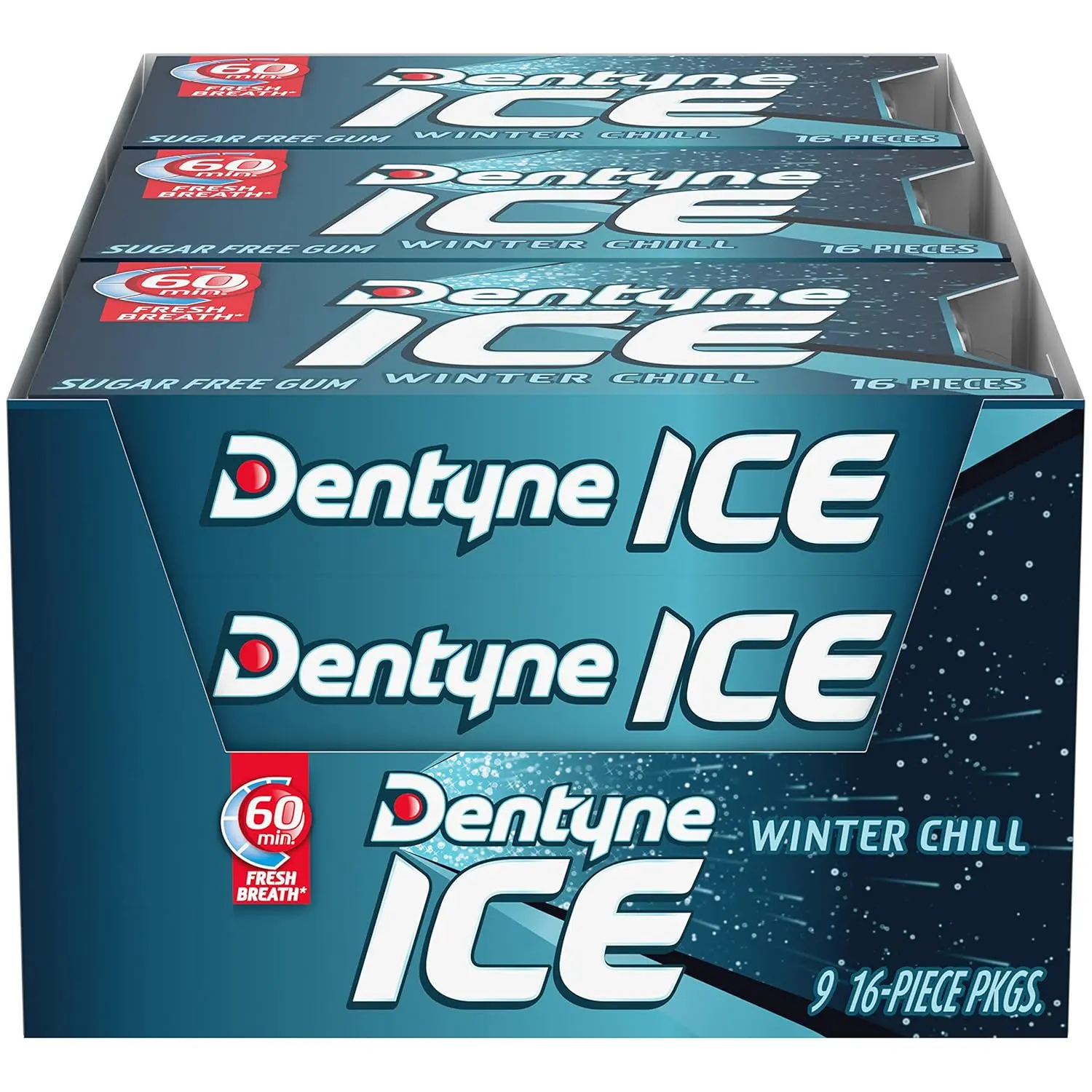 Dentyne Ice Winter Chill Sugar Free Gum - 9 Packs (16 Pieces Each, 144 Total), Ambient, Long Chew Time, 35% Fewer Calories, Bold Flavor Snack Item