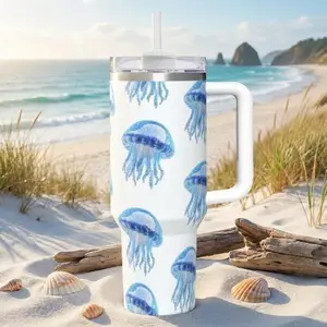 Watercolor Jellyfish Tumbler 20oz and 40oz, Blue Ocean Aesthetic Travel Cup with Handle, Coastal Art Stainless Steel Mug, Insulated Beach Drinkware, Sea Life Gift for Ocean Lovers