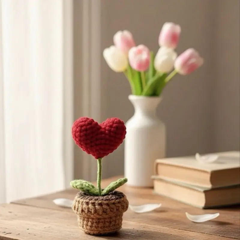 Crochet Heart Plant Decorative Knitted Red Heart in Pot for Home Decor and Gift Ideas