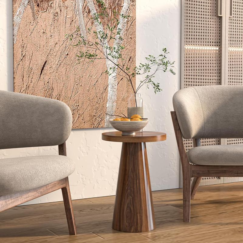 Round Fluted Accent End Table, Drink Small for Living Room, Mid Century Modern Night Stand, Circle Bedside Table, Wood Nightstands for Bedroom