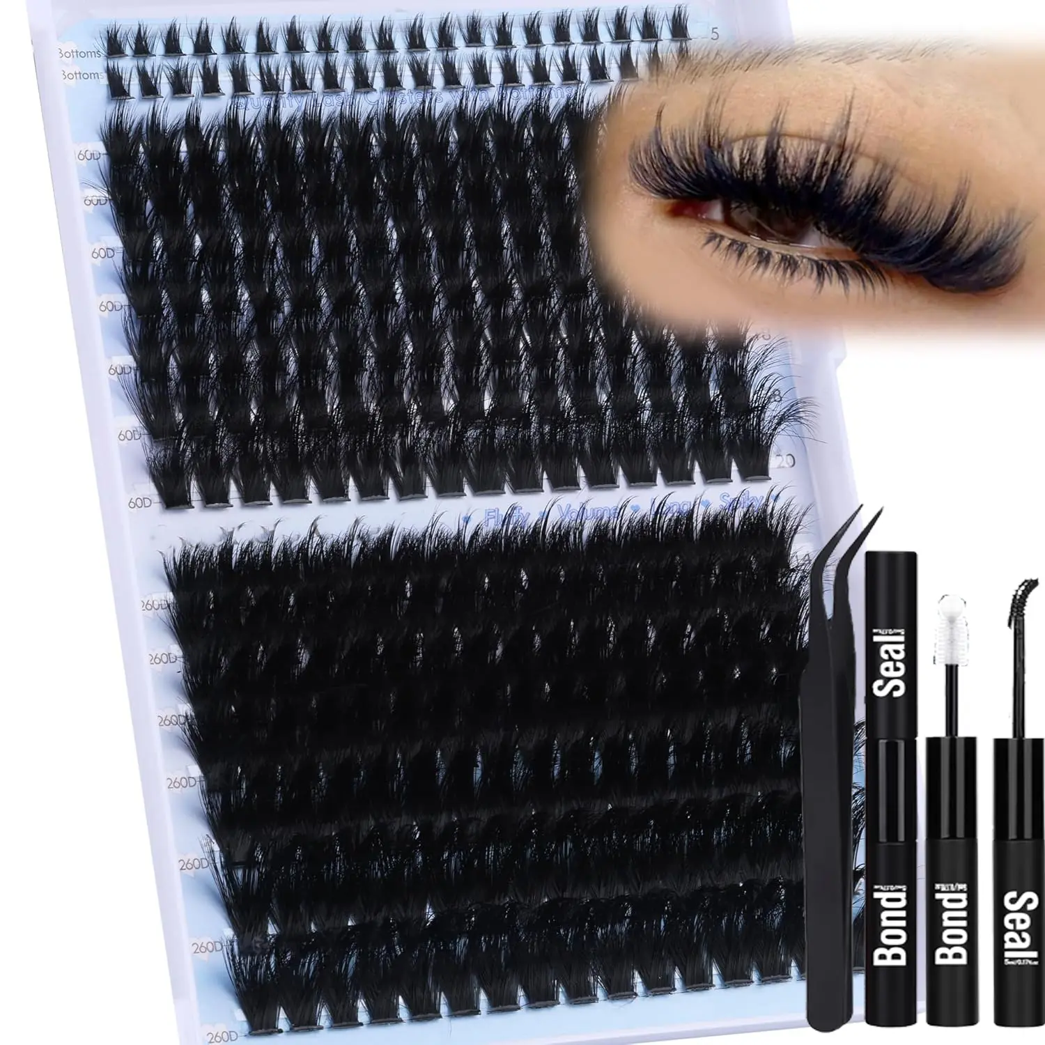 264pcs Thick Voluminous False Eyelashes Set, D Curl Mixed Length 12-22 mm, Fluffy Volume Lashes for Festival Makeup, Easy-Application DIY Eyelash Extensions Starter Kit