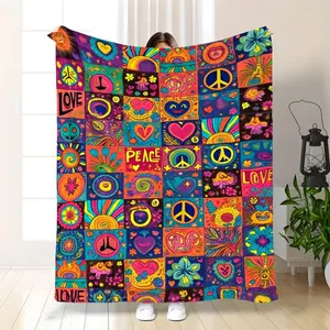 Vintage 60s 70s Hippie Blanket - Psychedelic Boho Throw with Peace Signs, Floral & Love Patterns, Multicolor Retro Bedspread Suitable for Couch, Bed, Festival Gift - Soft Plush Flannel for Bohemian Decor (Pink, Yellow, Blue, Green)