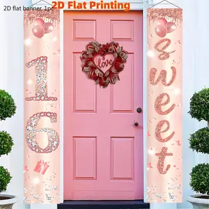2D planar sweet theme 16th birthday decoration door cloth, rose gold, happy 16th birthday porch sign, delicious 16th birthday props, decoration, suitable for indoor and outdoor use, 16th birthday items, Birthday Party Decorations wwx