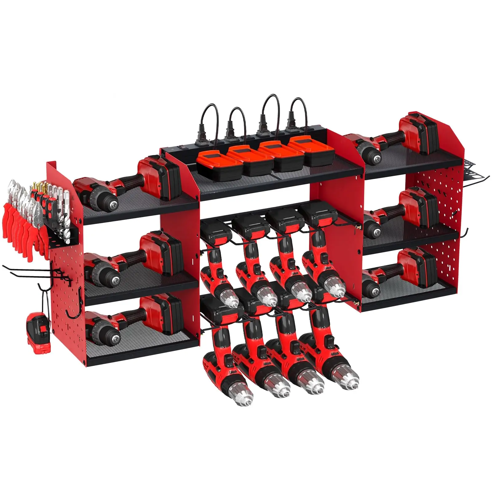 Power Tool Organizer Wall Mount, Large Tools and Battery Storage Rack Charging Station, Heavy Duty 3-Layer Garage Rack with 8 Outlets, 8 Drill Storage Shelf with Hooks, Screwdriver, Drill Bit Holder