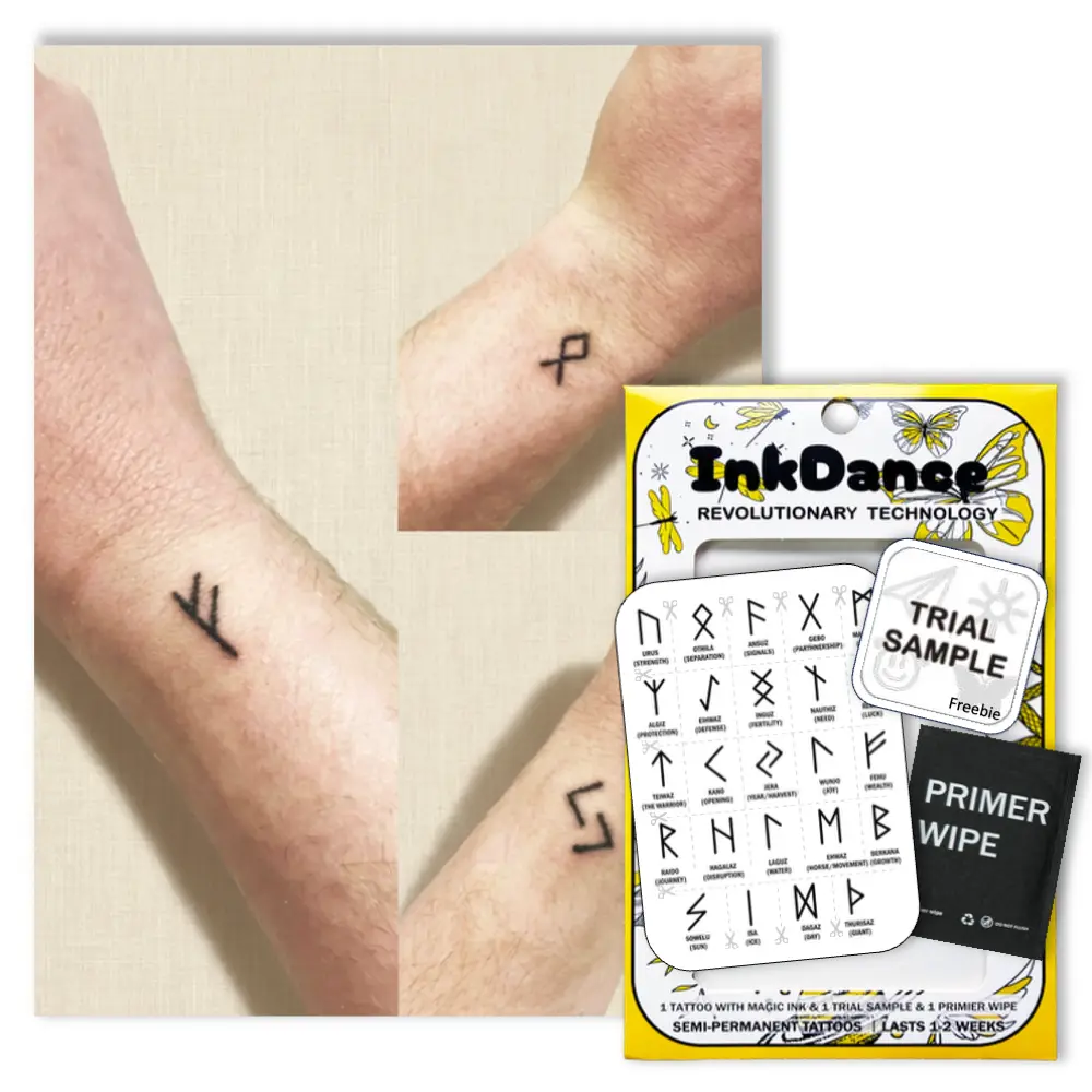 InkDance Semi-Permanent Tattoo, Elder Futhark, Viking Runes, Long Lasting Temporary Tattoos, Waterproof Plant-Based Ink, Lasts 1-2 Weeks, Color Develops in 24 Hours D289, Set of 24