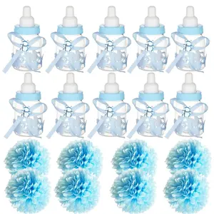 24PCS 3.5 Inch Baby Shower Milk Bottle Candy Box with 8PCS Artificial Flowers Mini Plastic Baby Bottle for Baby Shower Favor Gender Reveal Gift Decoration (Blue)