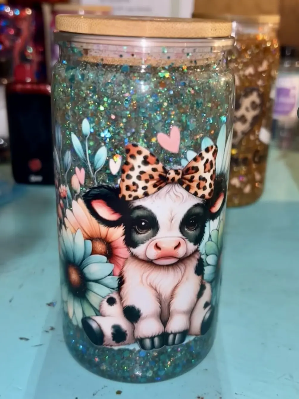 Snow Globe 16oz Cow Snow Globe Cup with Leopard Bow Design and Glitter Accents