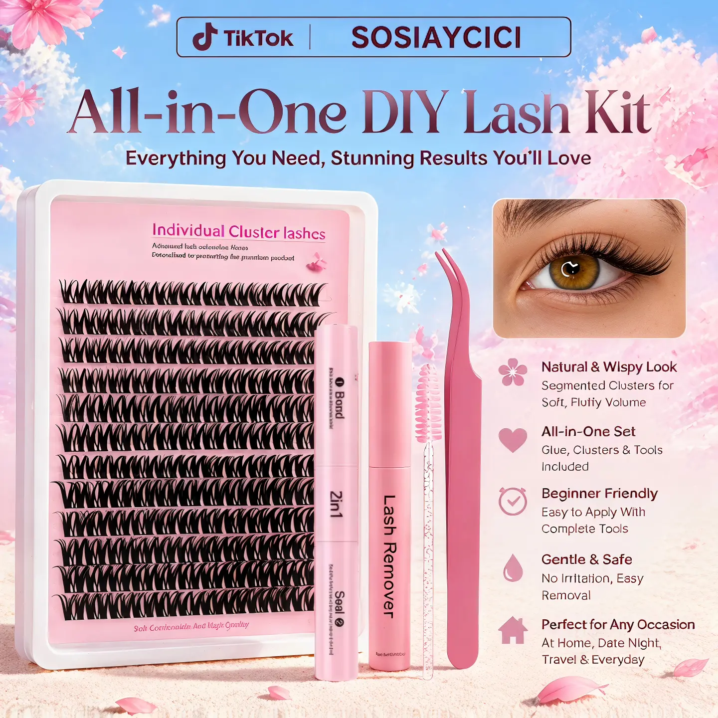 SOSIAYCICI Lash Clustes Kit, Bright Flora Wispy Cluster Lashes with Long-Lasting Lash Bond and Seal, Tweezers and Remover, Natural Look Clean Girls Pickup, DIY at Home for Makeup Girls Gift DealsForYourDays