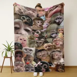 Funny Monkey Emoji Flannel Blanket, Soft Comfortable Travel Sofa Bed, Outdoor Camping Blanket, Office Home Decor Gift
