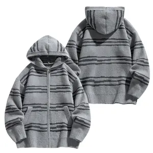 Cozy Knit Full-Zip Hooded Top with Timeless Striped Pattern & Versatile Everyday Fit