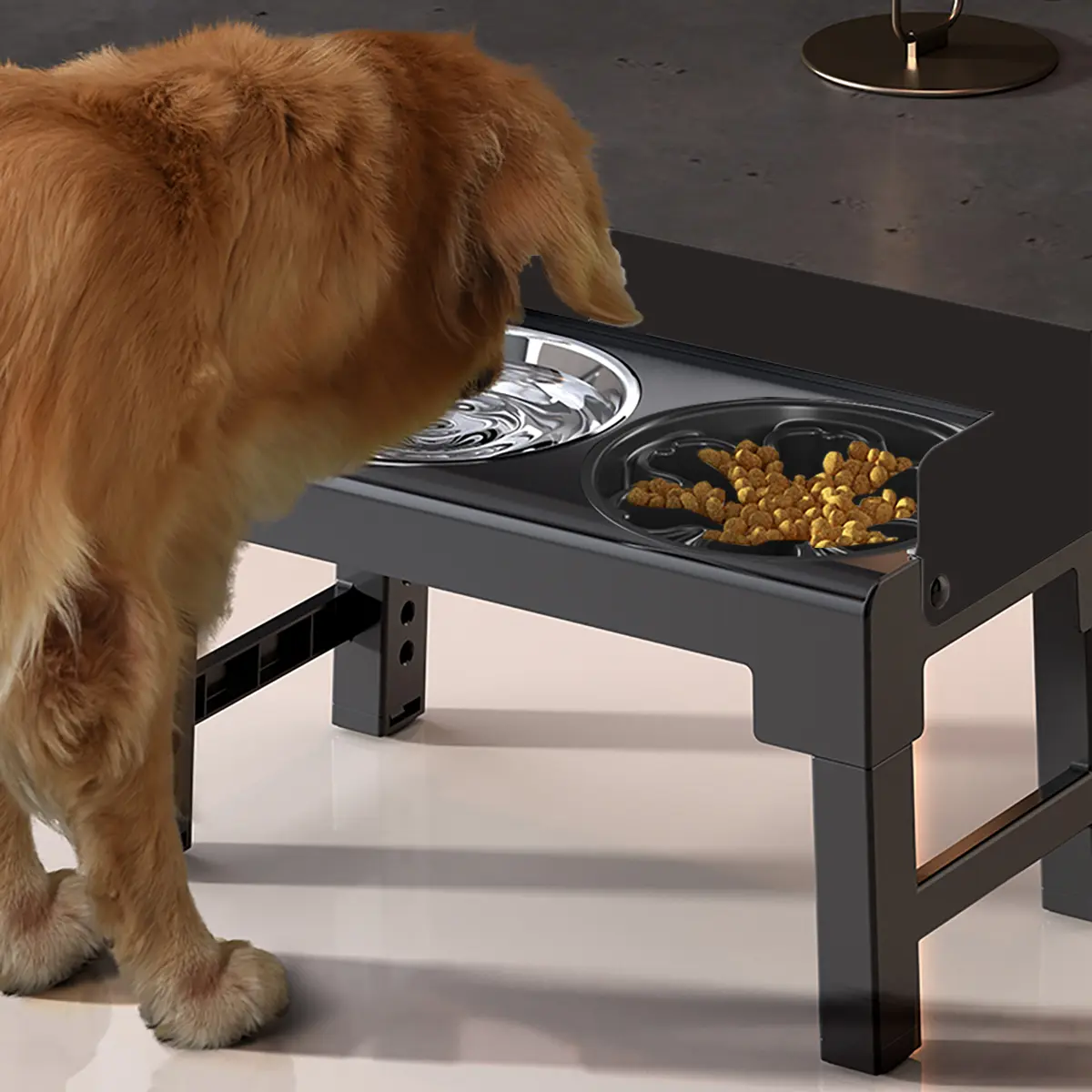 Elevated Dog Bowls, Spill Proof, Tiltable Dog Feeder with 1 Stainless Steel Bowl &1 Slow Feeder Bowl, 6 Height Adjustable Raised Dog Bowls Stand for Medium Large Dogs