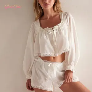 2Pcs Pajamas Sets for Women Puff Long Sleeve Square Neck Lace Patchwork Tops with Elastic Waist Shorts Loungewear