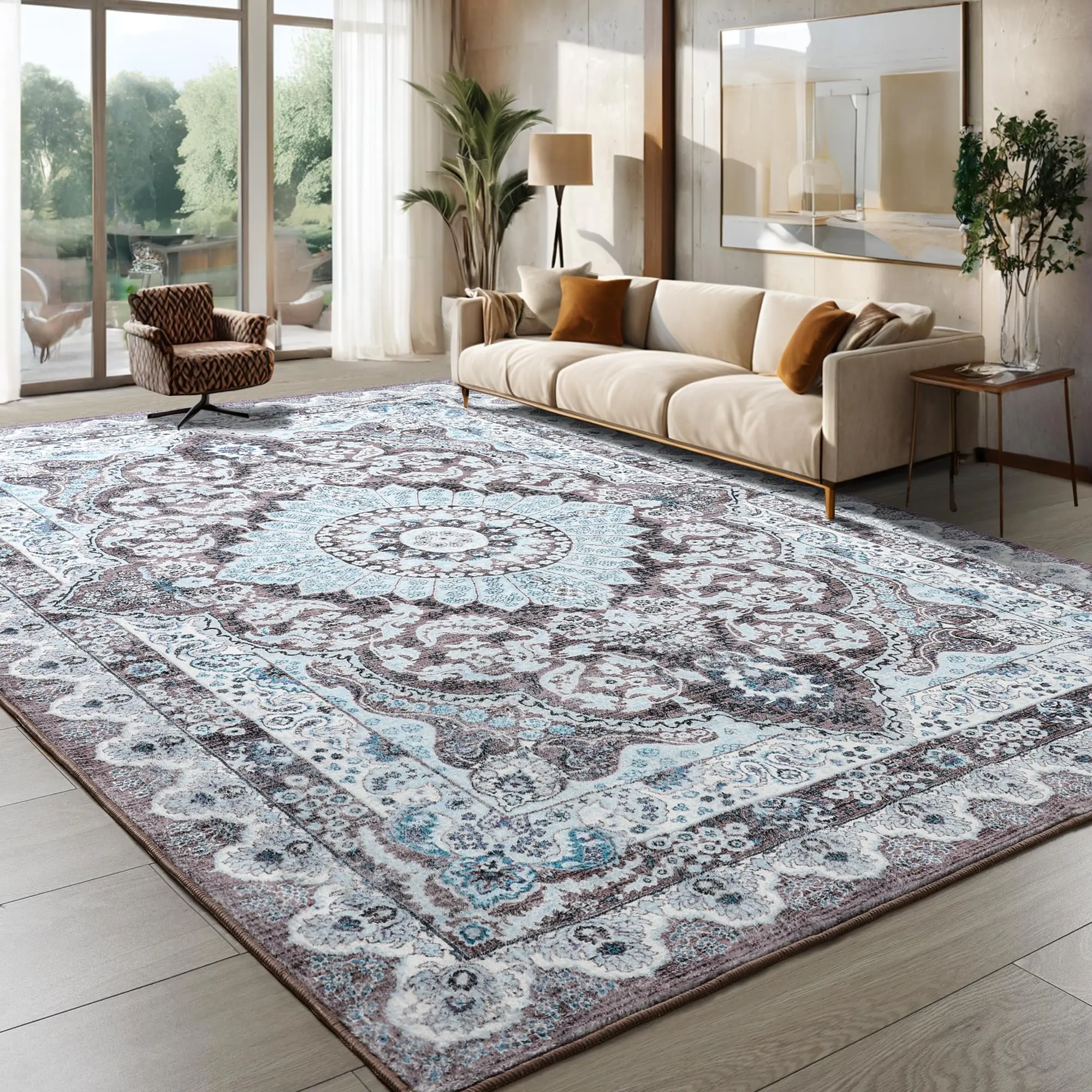 Non-Slip Low Pile Throw Rugs, Area Rugs for Living Room,Super Soft Vintage Rug, Washable Carpet for Bedroom Dining Room Kitchen Home Decor
