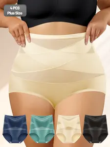 High Waist Abdomen Control Women's Underwear, Breathable Butt Lifting Triangle Panties, Plus Size Trendy Comfort Fit, Solid Seamless Panty