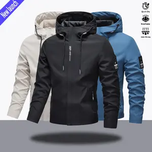 Men's Solid Color Waterproof Windproof Drawstring Zip-up Hoodie Jacket, Casual Long-Sleeve Outdoor Coat with Zipper Pockets, Suitable for Outdoor Activities, All-Season Men's Apparel, Menswear