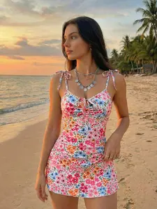 SaltVelvet 2026 Summer Womens One Piece Swim Dress with Bow Tie Straps, Adjustable Drawstring Bandeau Swimsuit for Beach Vacation, Pool Party & Summer Resort Wear, Cute Spaghetti Strap Swimwear Dress