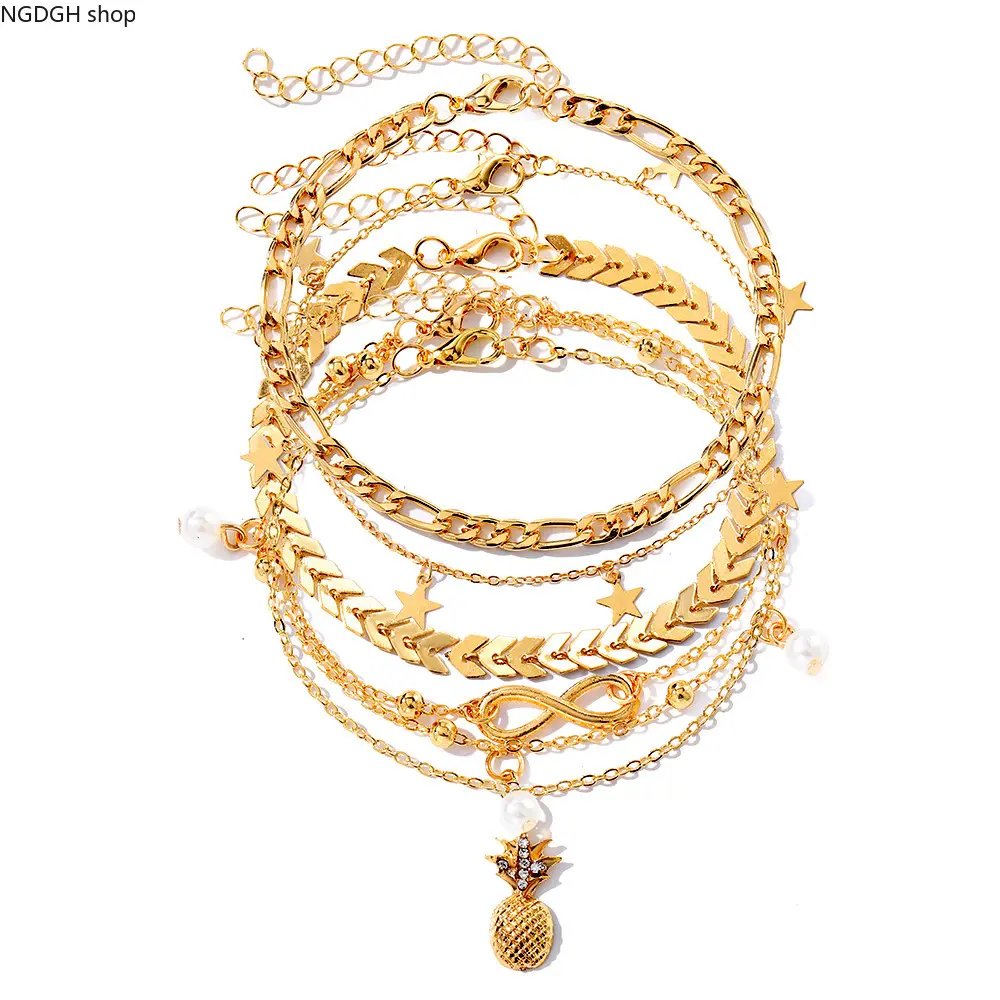 Gold-Tone Boho Anklet Set for Women, Multi-Layer Adjustable Chains with Star, Pineapple & Pearl Charms, Waterproof Fashionable Jewelry Accessories for Beach Wear, Anklets For Women, Adjustable Size, Boho Charm, Metal Alloy, Female, Colorful Metallic Ankle